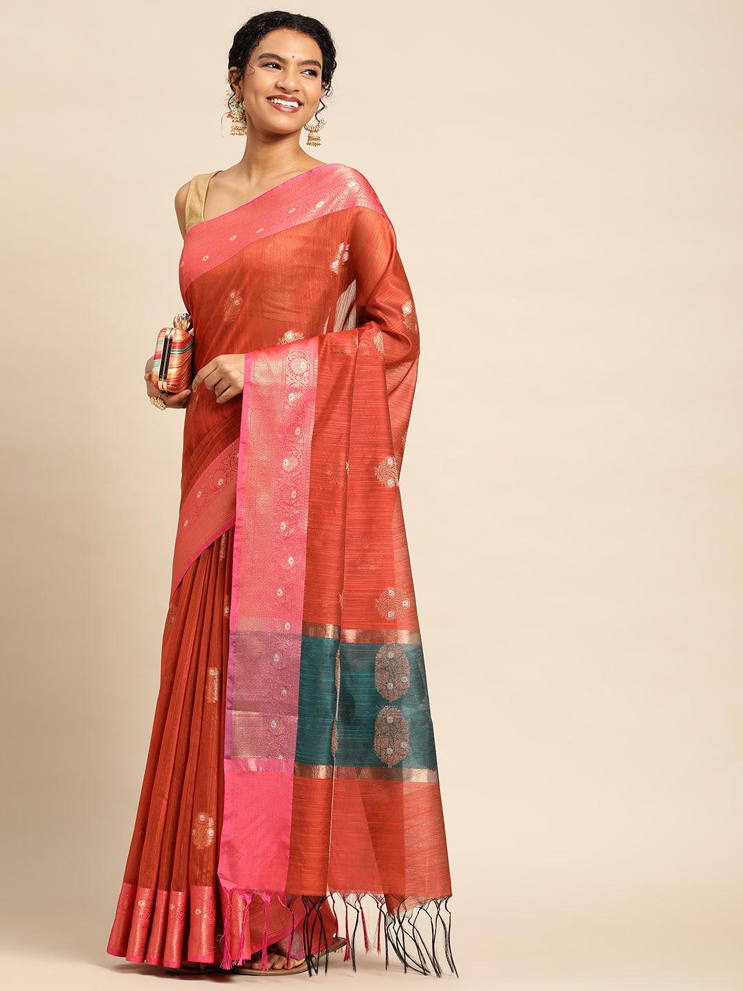 Red Raw Silk Saree With Embroidery Work with Blouse Piece - PepaBai