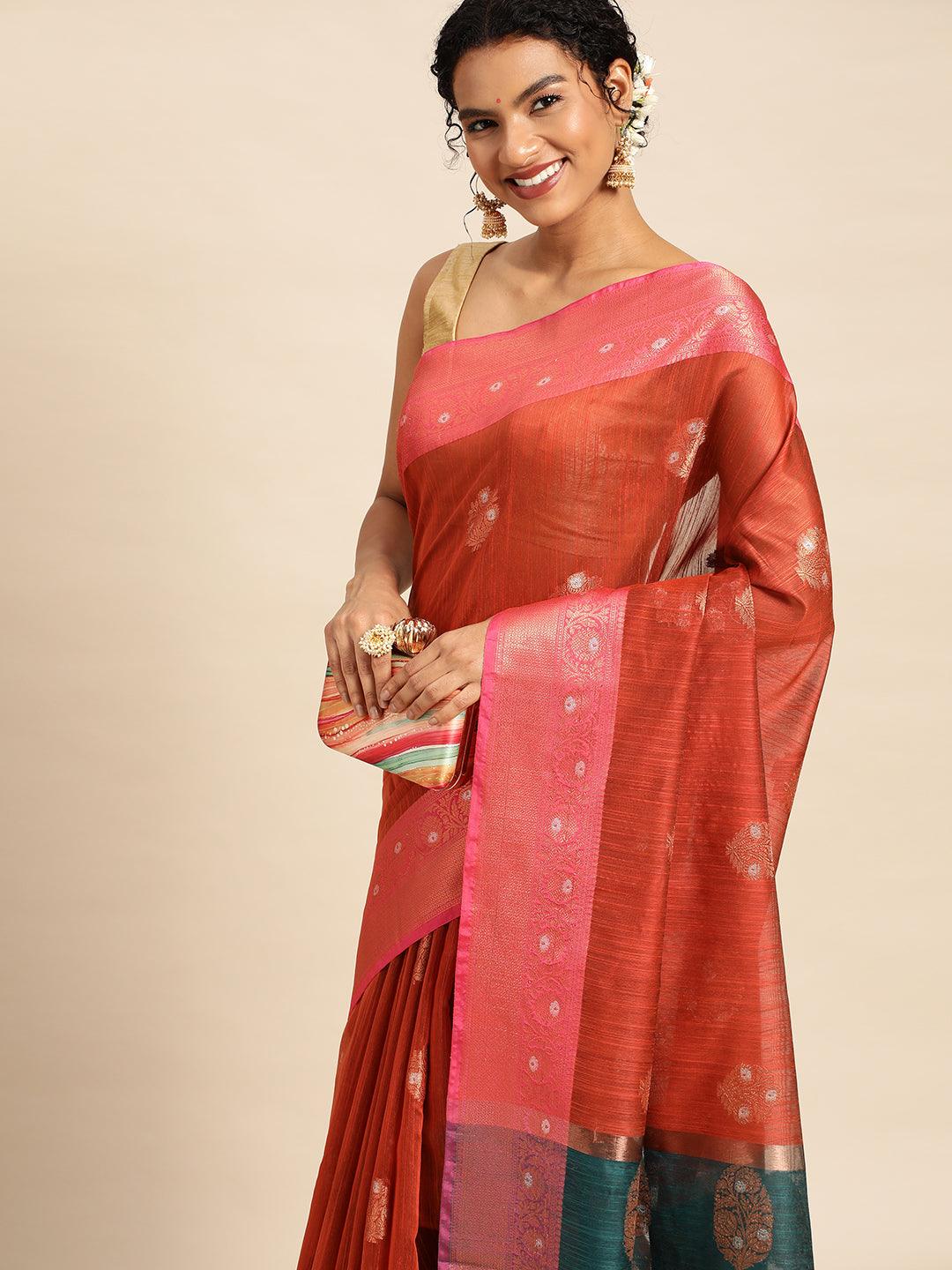 Red Raw Silk Saree With Embroidery Work with Blouse Piece - PepaBai