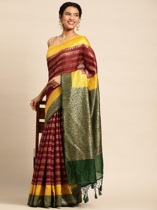 Wine Muga Silk Saree With Embroidery Work with Blouse Piece - PepaBai