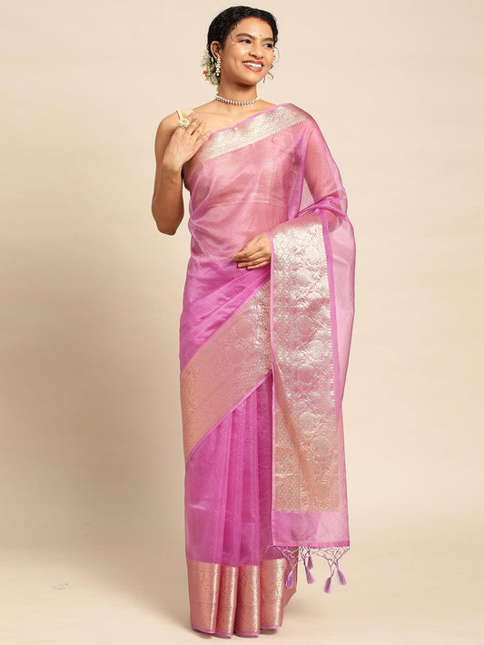 Purple Handloom Organza Saree with Blouse Piece - PepaBai