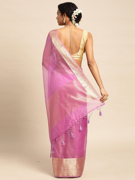 Purple Handloom Organza Saree with Blouse Piece - PepaBai