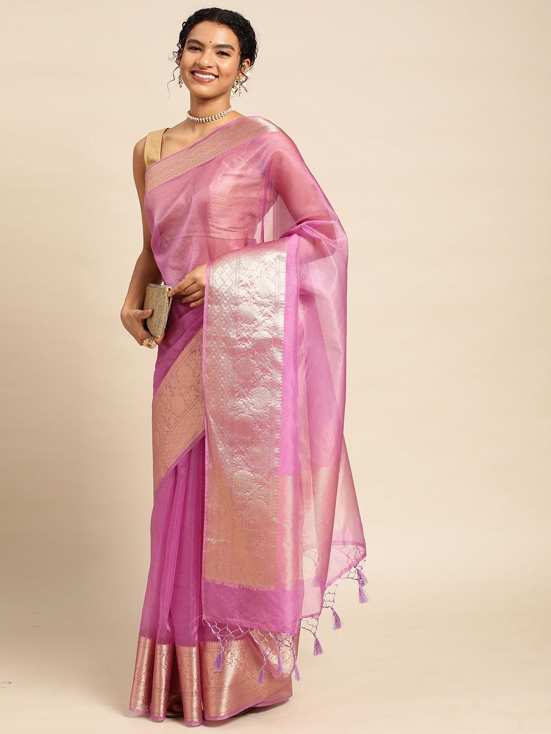 Purple Handloom Organza Saree with Blouse Piece - PepaBai