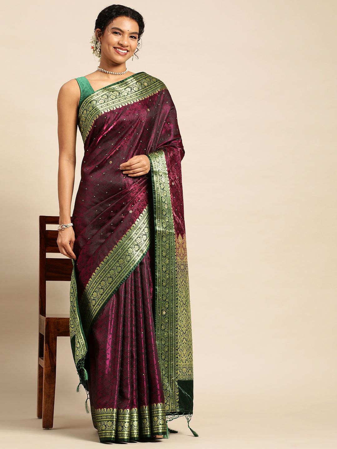 Dark Wine Satin Silk Saree With Embroidery Work with Blouse Piece - PepaBai