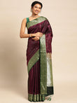 Dark Wine Satin Silk Saree With Embroidery Work with Blouse Piece - PepaBai