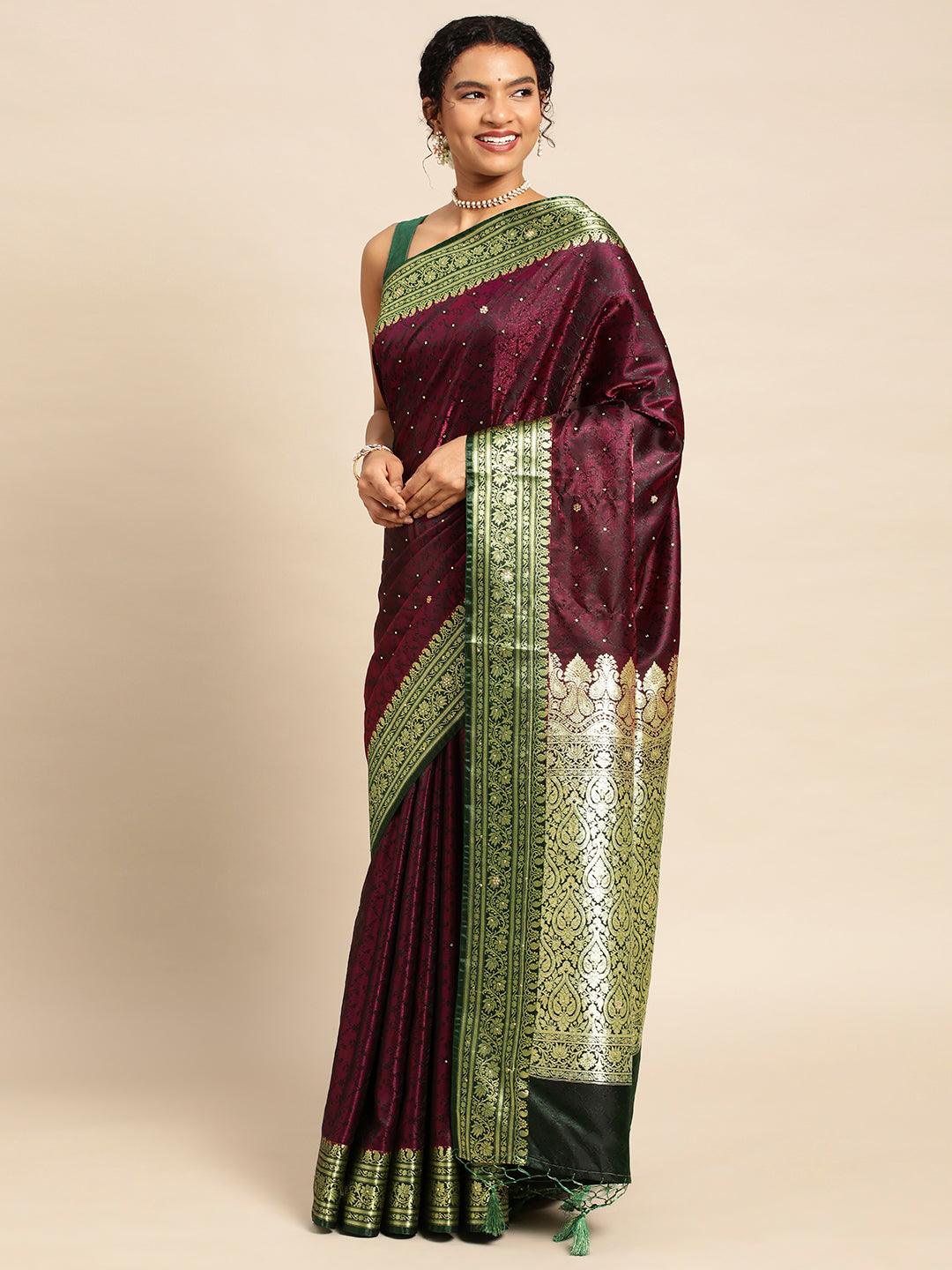 Dark Wine Satin Silk Saree With Embroidery Work with Blouse Piece - PepaBai