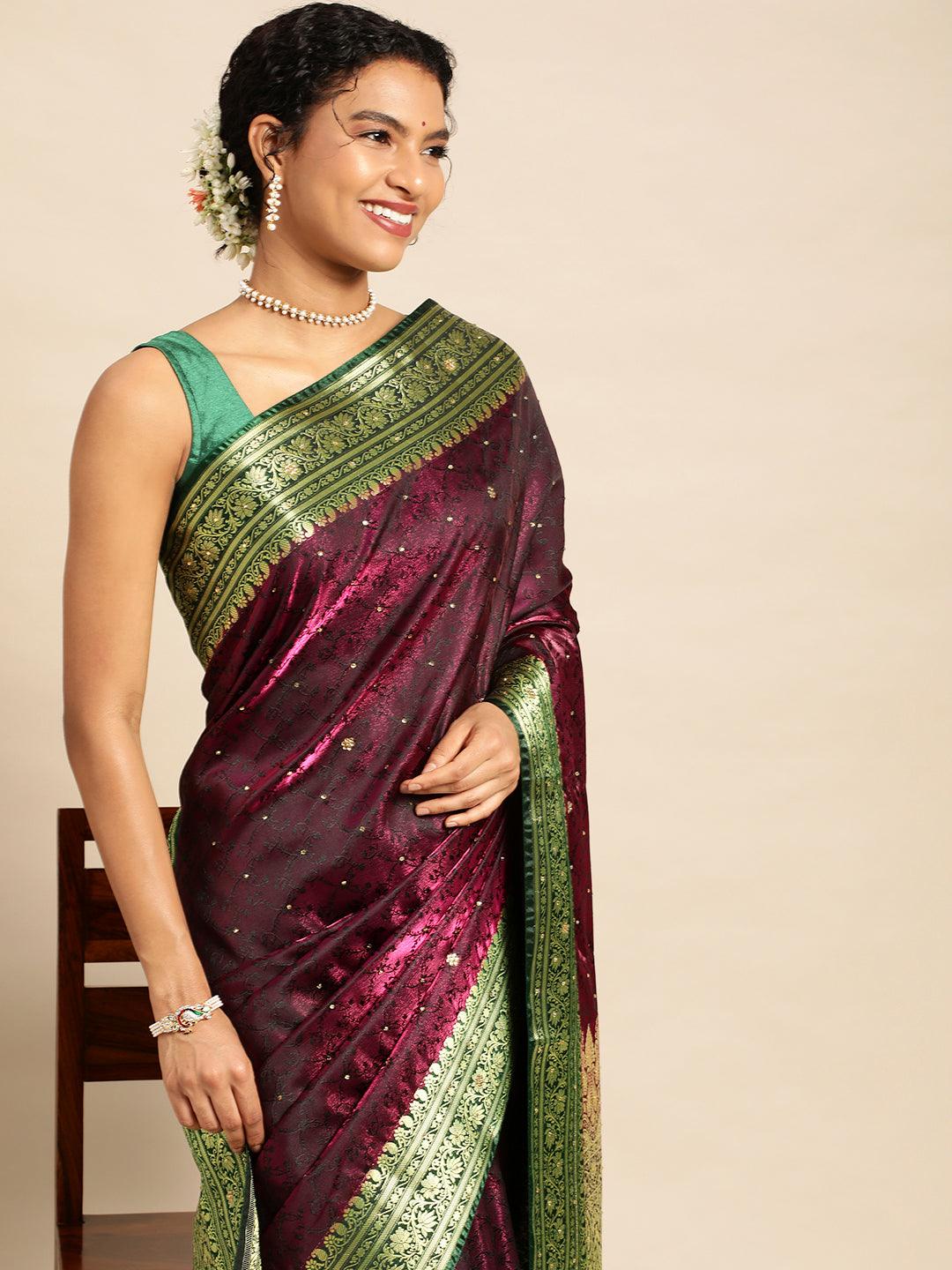 Dark Wine Satin Silk Saree With Embroidery Work with Blouse Piece from PepaBai