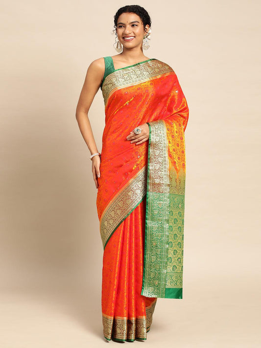 Orange Satin Silk Saree With Embroidery Work with Blouse Piece - PepaBai