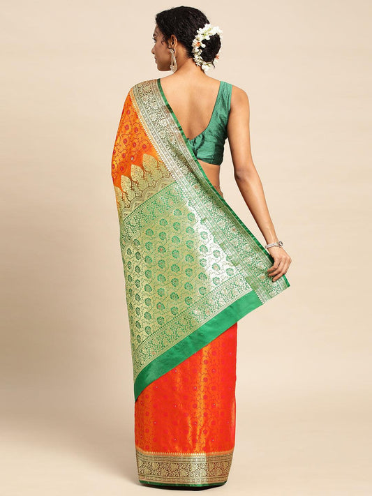 Orange Satin Silk Saree With Embroidery Work with Blouse Piece - PepaBai