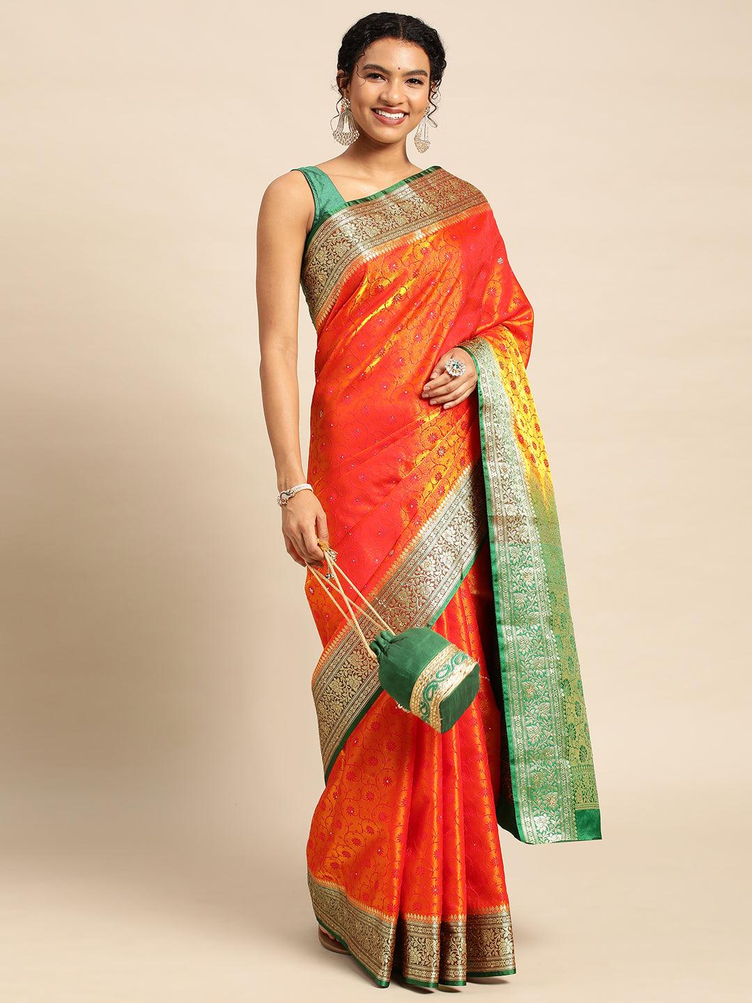 Orange Satin Silk Saree With Embroidery Work with Blouse Piece - PepaBai