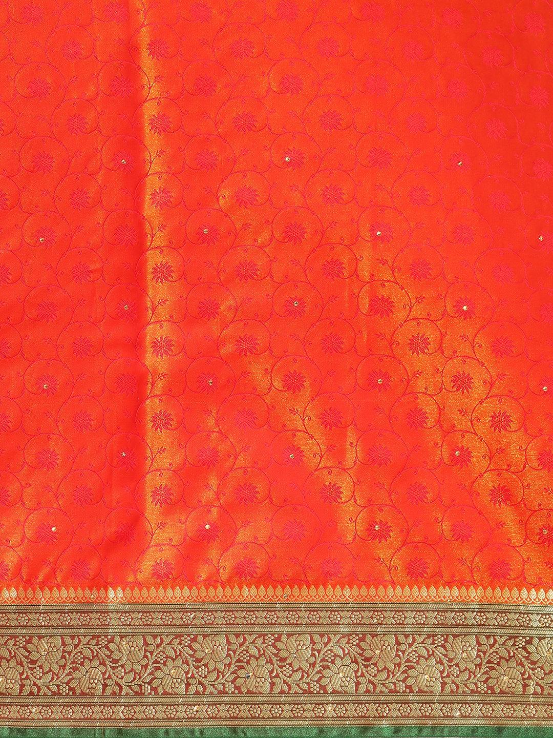 Orange Satin Silk Saree With Embroidery Work with Blouse Piece - PepaBai