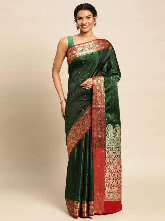 Bottle Green Satin Silk Saree With Embroidery Work with Blouse Piece - PepaBai