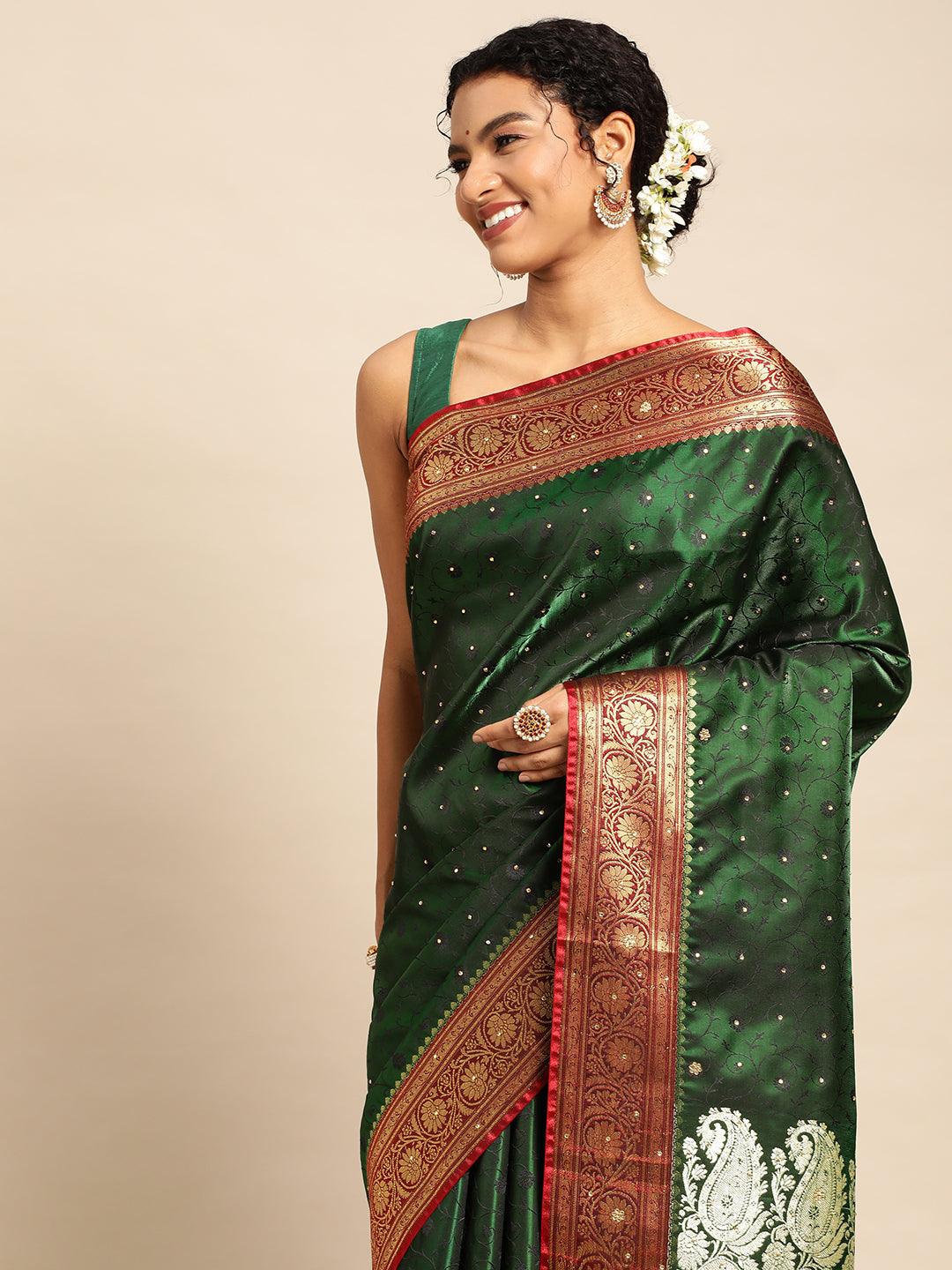 Bottle Green Satin Silk Saree With Embroidery Work with Blouse Piece - PepaBai