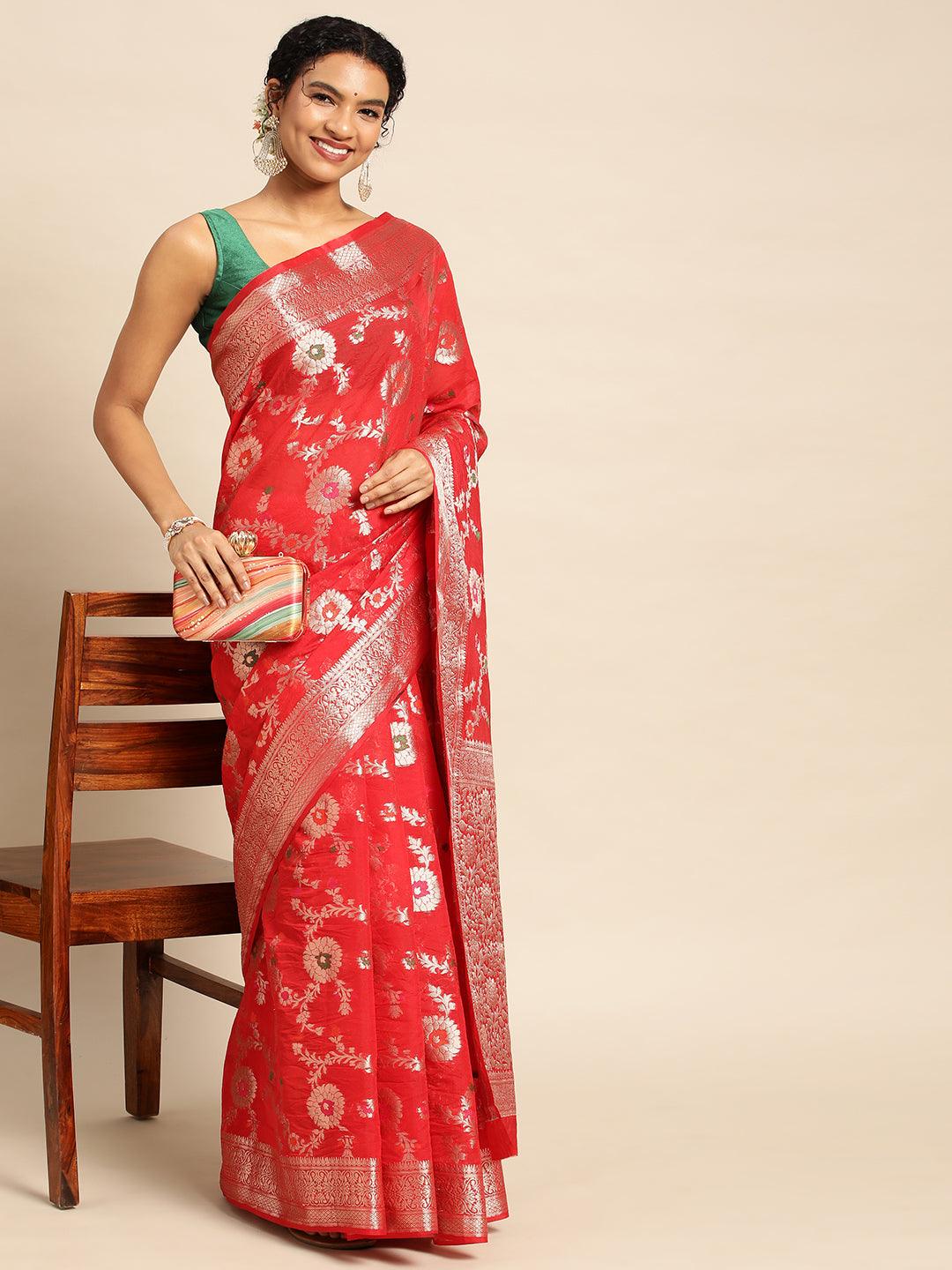 Red Georgette Saree With Meena Work with Blouse Piece - PepaBai
