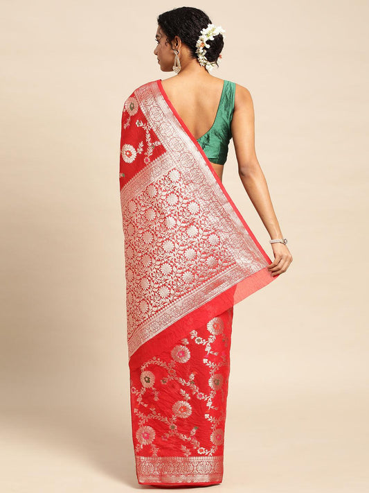 Red Georgette Saree With Meena Work with Blouse Piece - PepaBai