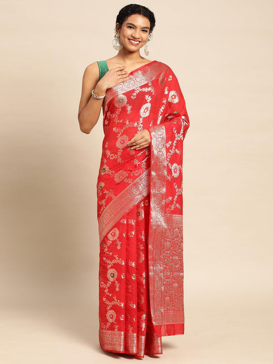 Red Georgette Saree With Meena Work with Blouse Piece - PepaBai