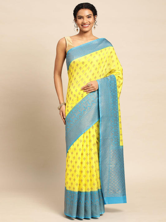 Yellow Duppion Silk Digital Print Saree with Blouse Piece - PepaBai