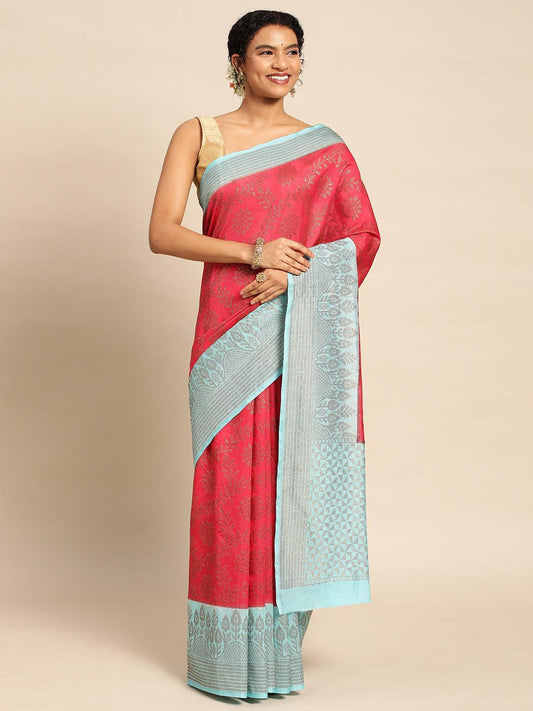 Red Duppion Silk Digital Print Saree with Blouse Piece - PepaBai