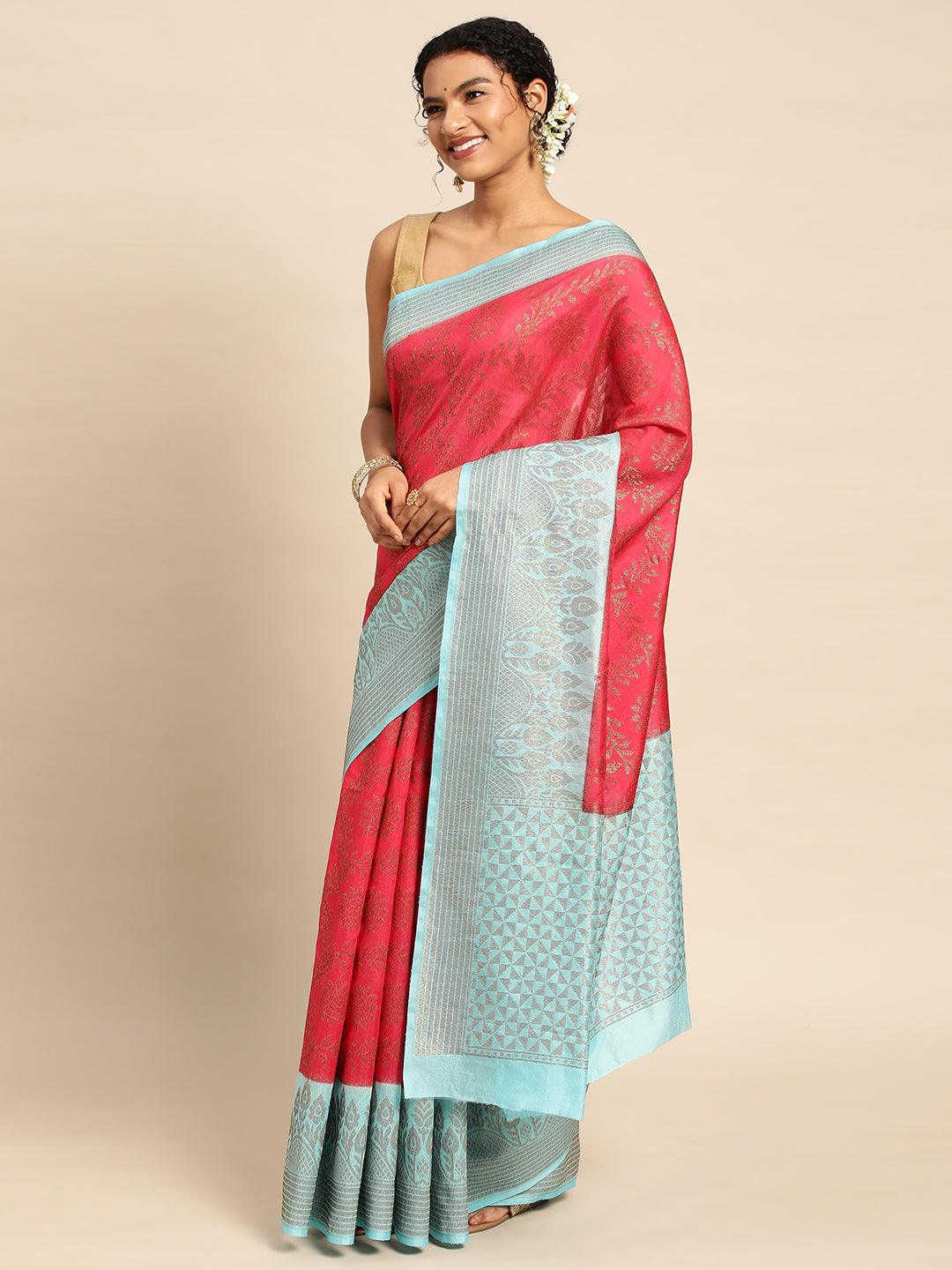 Red Duppion Silk Digital Print Saree with Blouse Piece - PepaBai