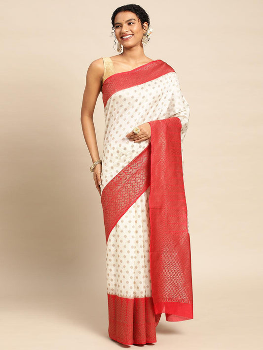 White & Red Duppion Silk Digital Print Saree with Blouse Piece - PepaBai