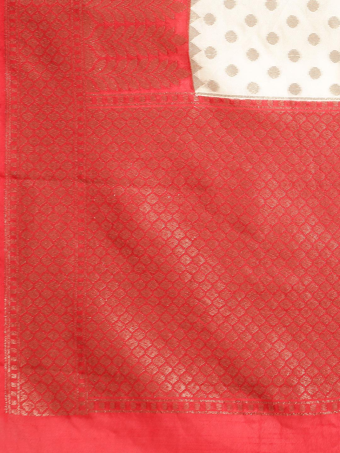 White & Red Duppion Silk Digital Print Saree with Blouse Piece - PepaBai