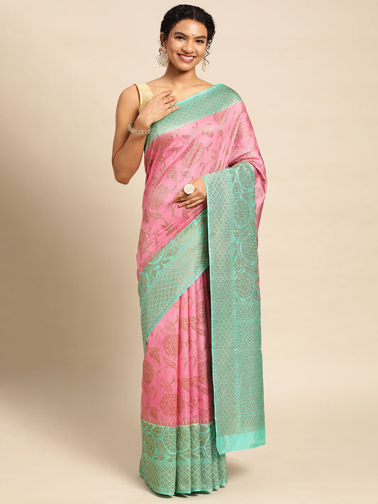 Pink Tissue Saree With Embroidery Work with Blouse Piece - PepaBai