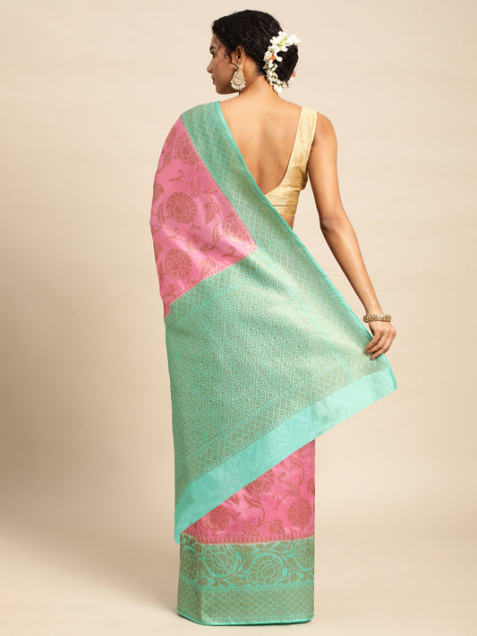 Pink Tissue Saree With Embroidery Work with Blouse Piece - PepaBai