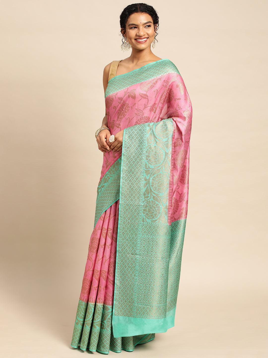 Pink Tissue Saree With Embroidery Work with Blouse Piece - PepaBai