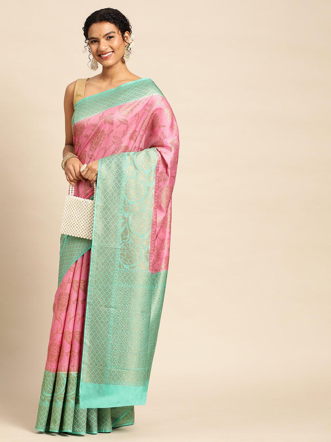 Pink Tissue Saree With Embroidery Work with Blouse Piece - PepaBai