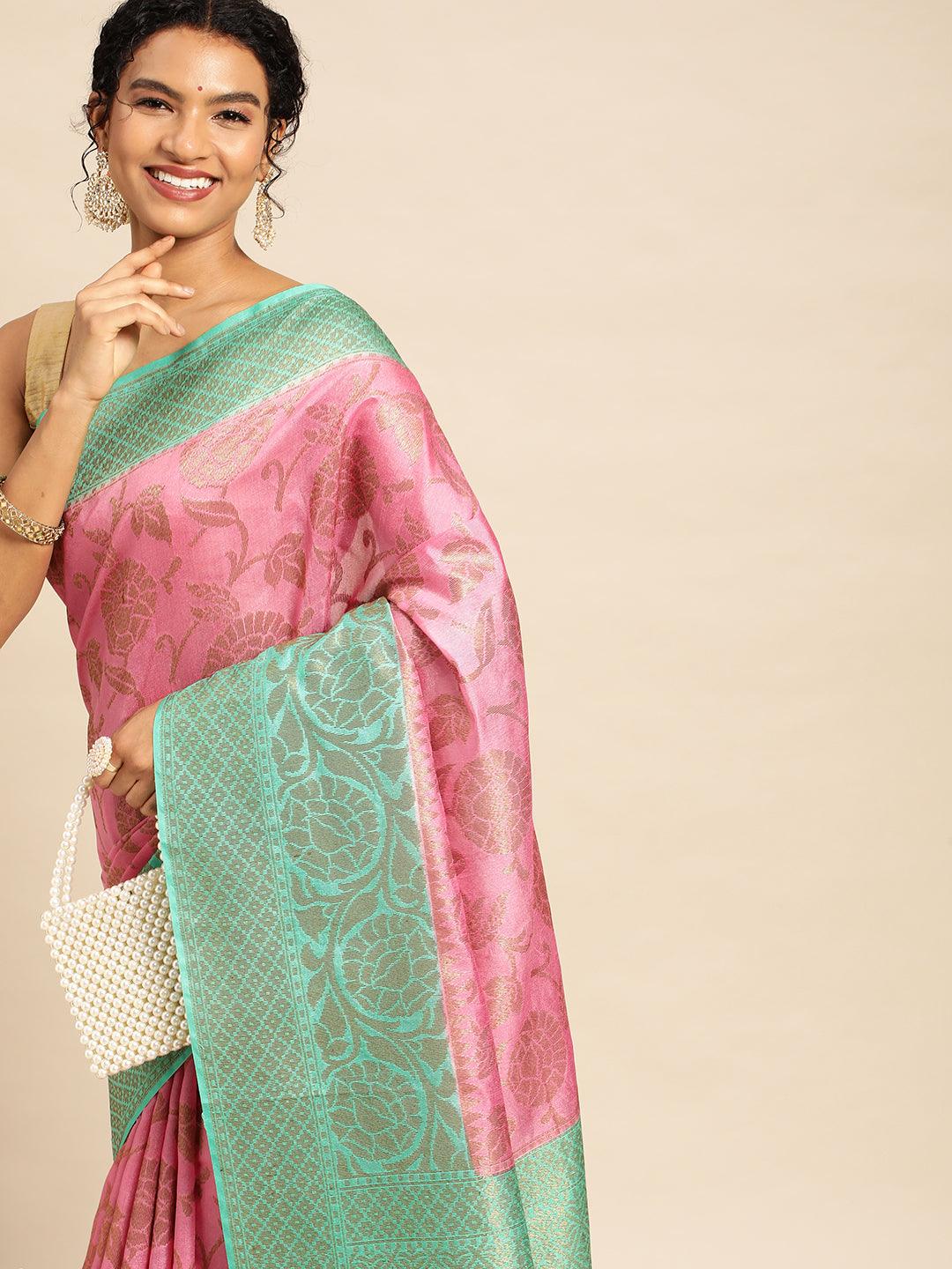 Pink Tissue Saree With Embroidery Work with Blouse Piece - PepaBai