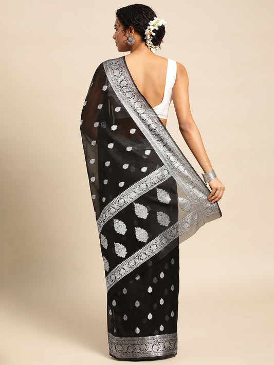 Black Soft Silk Saree With Embroidery Work with Blouse Piece - PepaBai