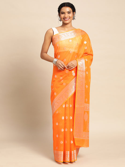 Orange Soft Silk Saree With Embroidery Work with Blouse Piece - PepaBai