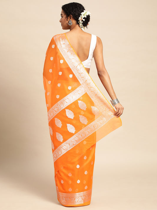 Orange Soft Silk Saree With Embroidery Work with Blouse Piece - PepaBai