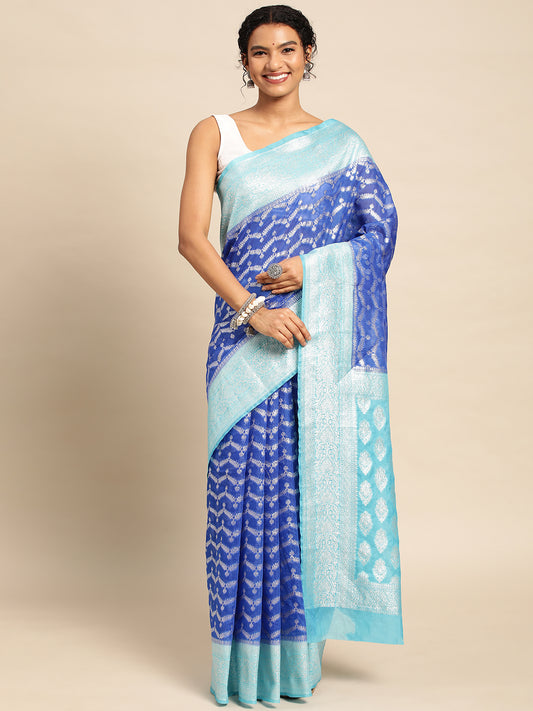 Blue Banarasi Silk Handloom Saree with Blouse Piece from PepaBai