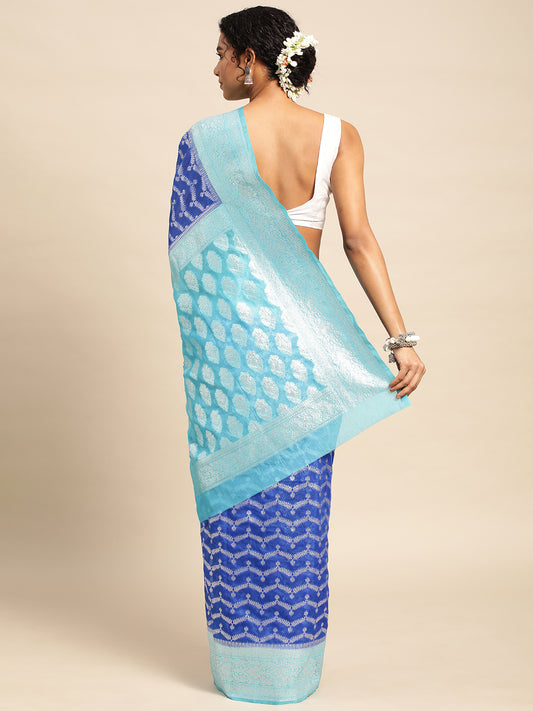 Blue Banarasi Silk Handloom Saree with Blouse Piece - PepaBai