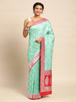 Sea Blue Katan Silk With Brush Paint with Blouse Piece - PepaBai