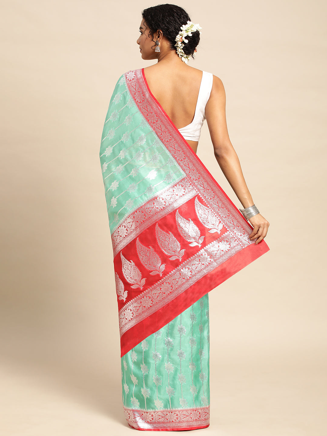 Sea Blue Katan Silk With Brush Paint with Blouse Piece - PepaBai