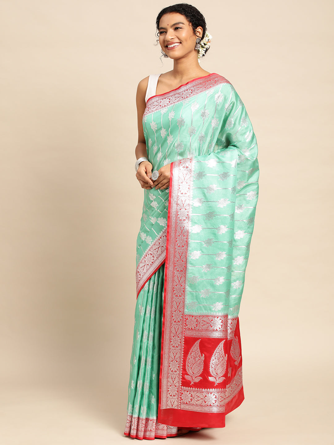 Sea Blue Katan Silk With Brush Paint with Blouse Piece - PepaBai