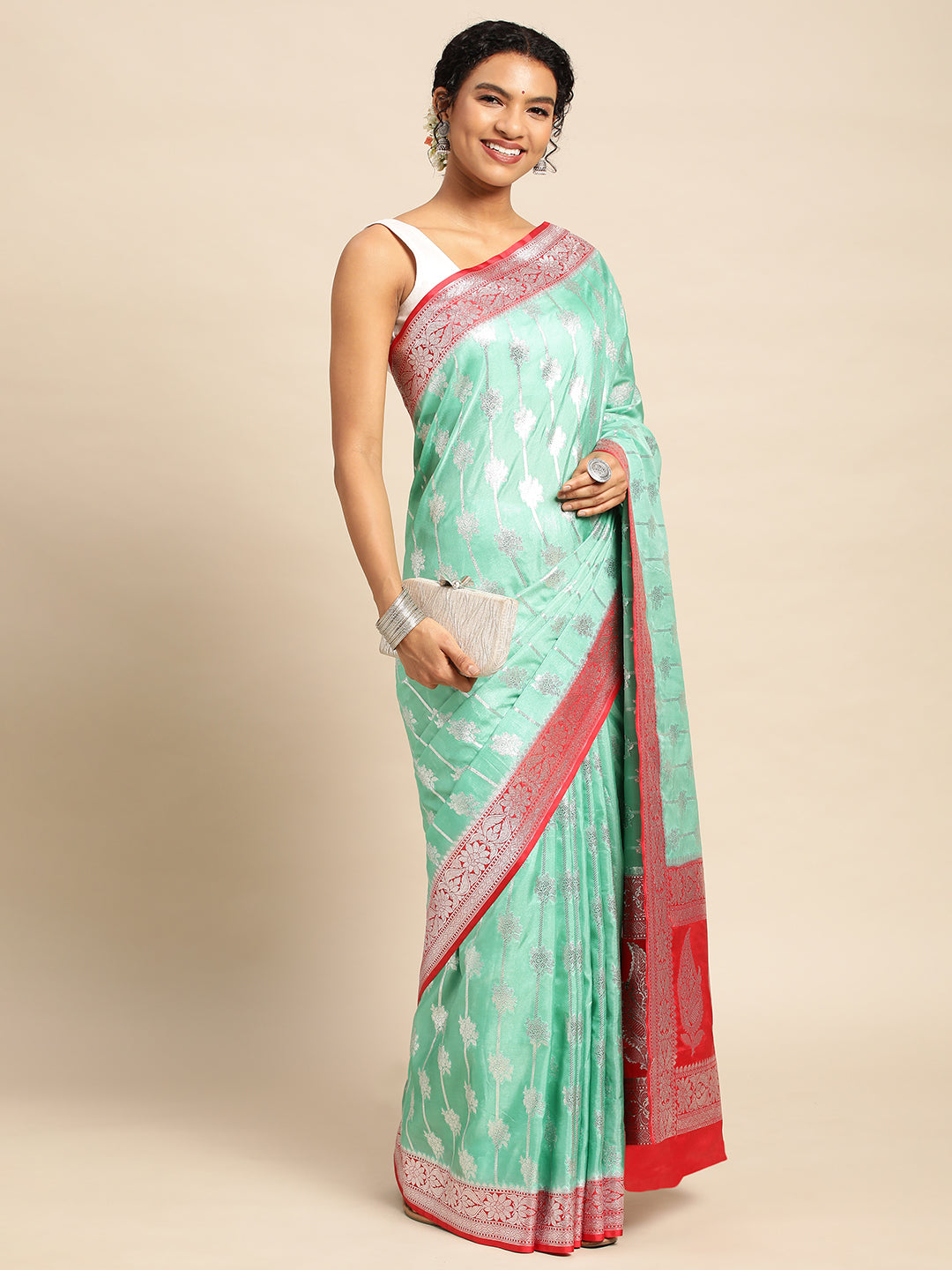 Sea Blue Katan Silk With Brush Paint with Blouse Piece - PepaBai