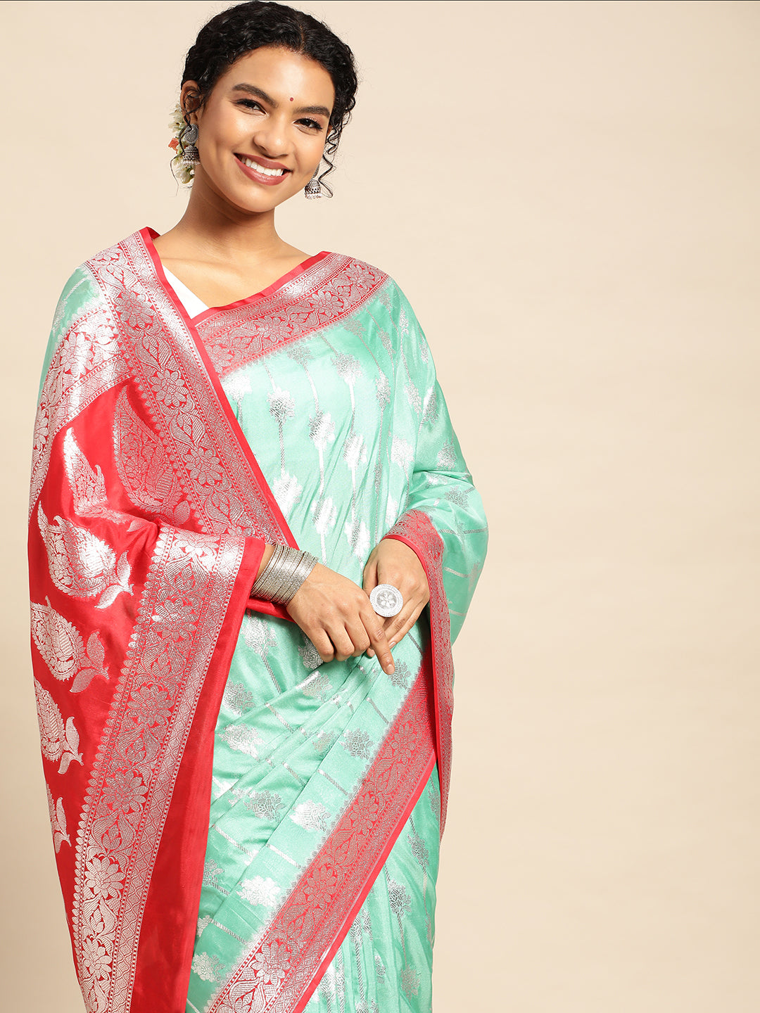 Sea Blue Katan Silk With Brush Paint with Blouse Piece from PepaBai