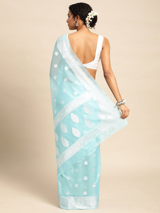 Turquoise Soft Silk Saree With Embroidery Work with Blouse Piece - PepaBai