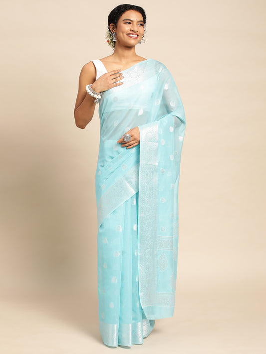 Turquoise Soft Silk Saree With Embroidery Work with Blouse Piece - PepaBai